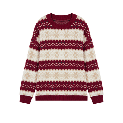 秋水伊人圆领复古提花条纹新年毛衣2025年冬季新款女装经典针织衫