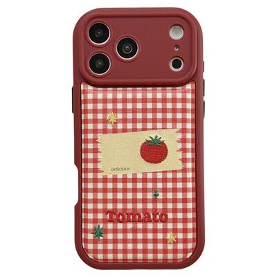 jze 韩系小众红格纹刺绣番茄标签适用苹果17ProMax手机壳iphone15新款16pro女13带挂绳15pro全包14防摔保护套