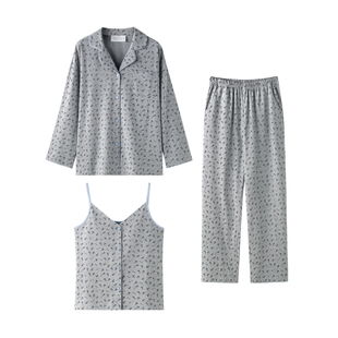 曼系“晨露摇花”韩系吊带三件套慵懒碎花柔软棉睡衣女春秋家居服