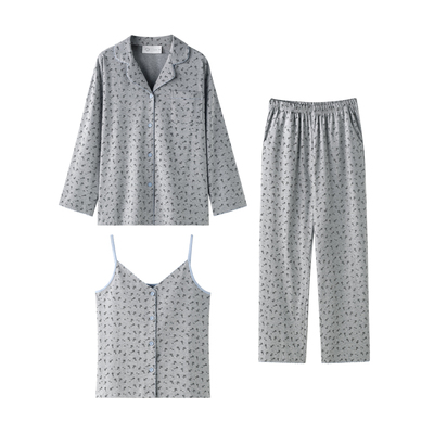 曼系新款春秋吊带三件套睡衣