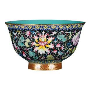 钟家窑茶具套装景德镇高端珐琅彩黑地缠枝莲纹盖碗茶杯内松石绿釉