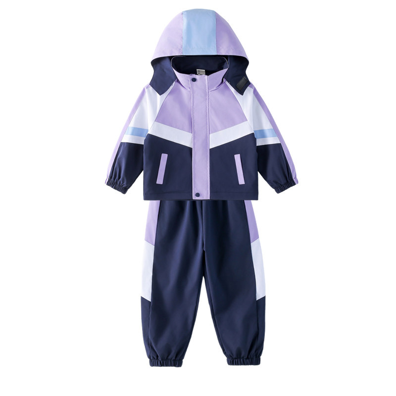 幼儿园园服春秋装冲锋衣三件套紫色一年级小学生班服冬季校服套装