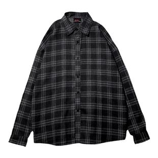 黑色格子衬衫男内搭长袖衣男士黑灰春秋复古黑格子格纹衬衣外套衫