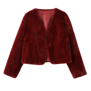 名媛小香风外套女2025秋冬新款小个子短款超好看红色毛绒皮毛一体