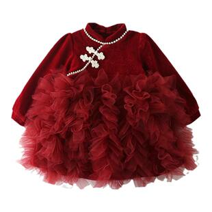 女童长袖连衣裙儿童秋冬裙子加绒新年礼服公主裙小女孩红色旗袍裙