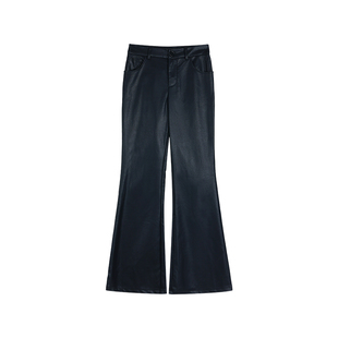 pusumede【现货6.5折】复古黑色微喇皮裤女高级感休闲裤直筒裤