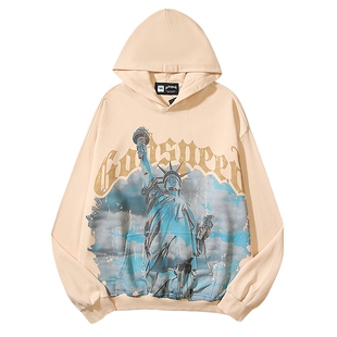 美潮GODSPEED高街自由女神连帽卫衣男暗黑风水洗做旧嘻哈宽松帽衫