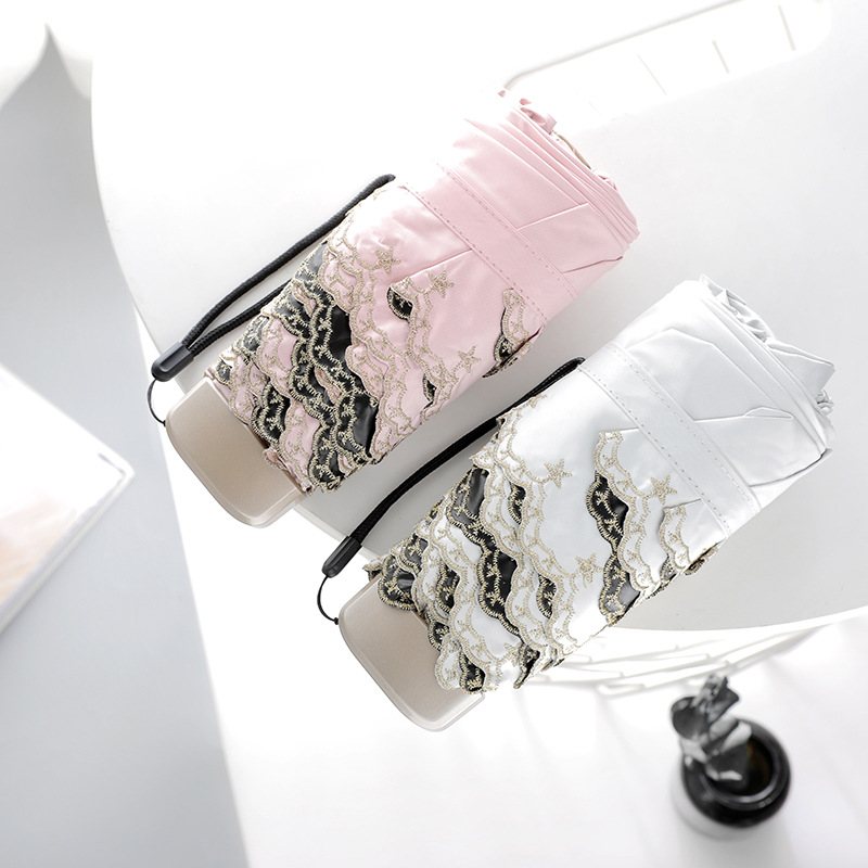 刺绣黑胶折叠迷你太阳伞简约防晒素色防紫外线口袋折伞五伞