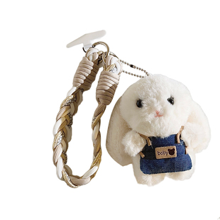 日韩卡通可爱毛绒背带裤兔子公仔手机壳挂件多功能编织带尼龙短挂绳学生包包玩偶挂饰钥匙扣挂链ccd便携手腕