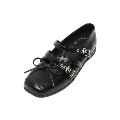 三福女单鞋春季都市甜酷金属扣交叉绑带方头娃娃鞋女鞋854426