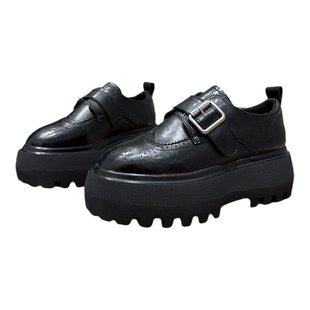 英伦风真皮厚底乐福鞋女2026春季黑色搭扣松糕底增高百搭小皮鞋潮