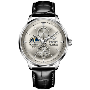 瑞士欧品客官方正品牌手表男士全自动机械表多功能日月相皮带十大