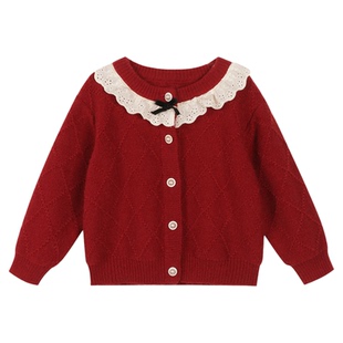 女童毛衣开衫儿童洋气上衣新年服外套2025新款韩版红色针织衫冬装