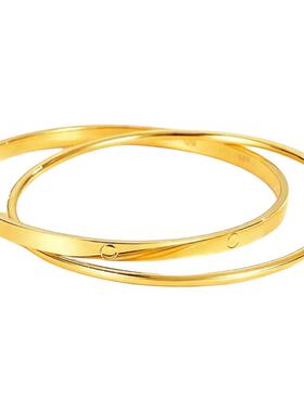 古法黄金色闭口手环圆点光面素圈双环手镯环环相扣镯子女叠戴百搭