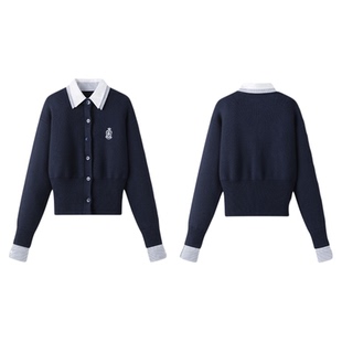 东京岁时记jk秋冬藏青色假两件针织开衫小个子学院风毛衣上衣女