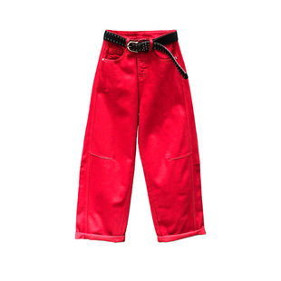 2026年春季新款气质时尚红色高腰弯刀牛仔裤女宽松显瘦百搭阔腿裤