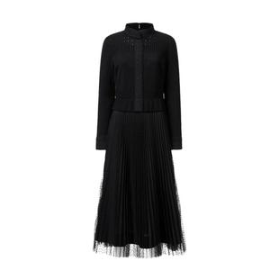 VGRASS维格娜丝女装复古波点裙子冬季新款黑色长款百褶连衣裙