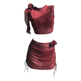 辣妹比基尼酒红色泳衣女士高级感性感显身材带钢托聚拢泡温泉泳装