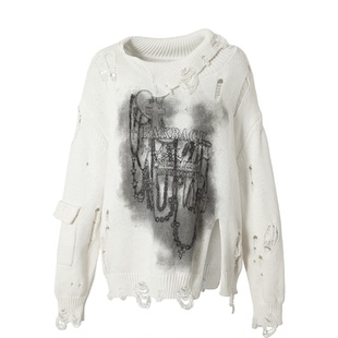 现货BAK原创 做旧涂鸦破洞慵懒针织衫女毛衣休闲街头镂空宽松上衣