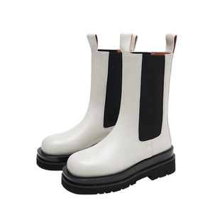 mona同款真皮白色切尔西靴英伦风中筒靴厚底烟筒靴子显瘦马丁靴女