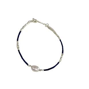 通体s925纯银碎银子天然淡水珍珠极细青金石串珠手链复古高级设计