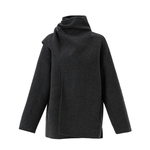 迪图2025秋冬新款羊毛双面呢围巾领大衣女款时尚气质短款外套上衣