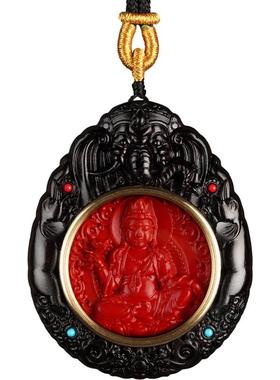 黑檀镶嵌朱砂本命年象神吊坠十二生肖守护神佛牌汽车木雕普贤挂件