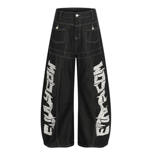 DoubleD美式街头涂层字母印花弯刀牛仔裤女宽松复古结构阔腿裤子