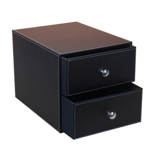 时尚皮革带抽屉式桌面护肤品收纳盒柜木质化妆品整理盒多功能创意