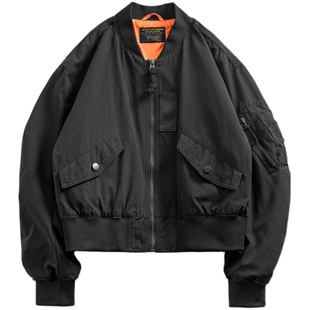 马登军绿黑色美式复古短款棒球服领飞行员夹克工装外套上衣女士秋