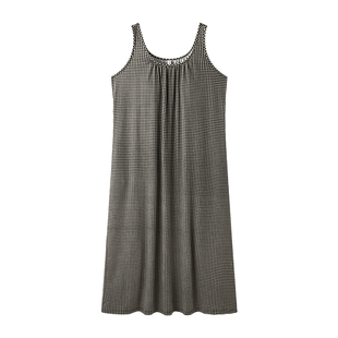 贝妍莫代尔棉睡衣女夏季性感无袖带胸垫睡裙复古格子度假风连衣裙