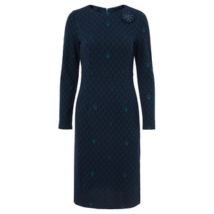 马天奴秋冬新款女蓝色圆领修身长袖提花连衣裙子时尚气质流行百搭