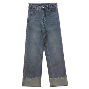 蓝灰色卷边直筒牛仔裤女秋冬加绒大码胖mm显瘦小个子九分烟管裤子