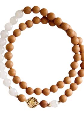 天然和田白玉手链女S925银掐丝祥云双层檀木手串礼物礼品