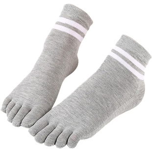 五指袜子女中筒袜春秋冬季纯棉防臭黑白色条纹运动分脚趾袜两条杠