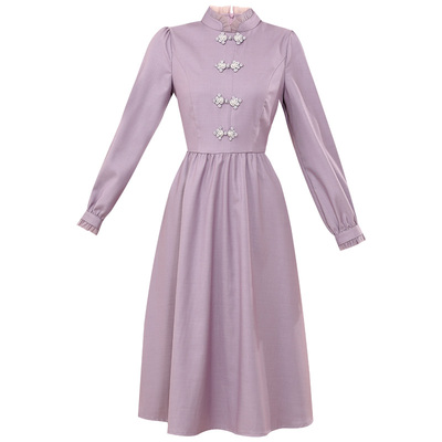 未风紫色立领连衣裙女国风长袖