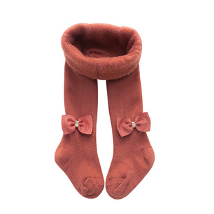 秋冬季儿童加绒中厚连裤袜日系蝴蝶结女童打底裤外穿宝宝无骨袜子