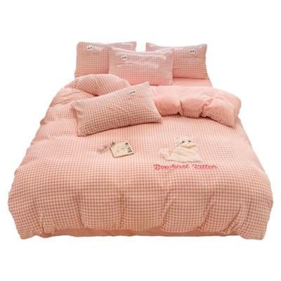 少女心猫咪贴布绣牛奶绒四件套冬季珊瑚绒加厚法莱法兰绒被套床单