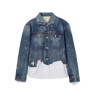 JNBY/江南布衣折扣秋冬复古气质夹克翻领牛仔拼接中长款外套女