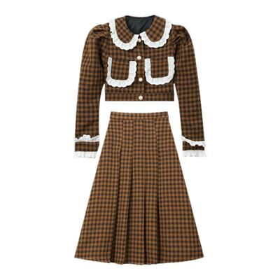 棕色格纹呢子套装蕾丝花边两件套