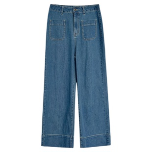 3ts口袋设计九分裤高腰水洗原色直筒牛仔裤烟管裤阔腿裤