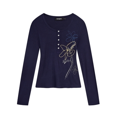 Desigual25秋冬新品抽象花卉印花修身弹力坑条圆领长袖女士T恤