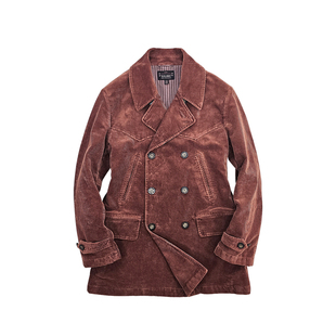 西里布砖红色灯芯绒双排扣中长款西服大衣男美式复古条绒风衣外套