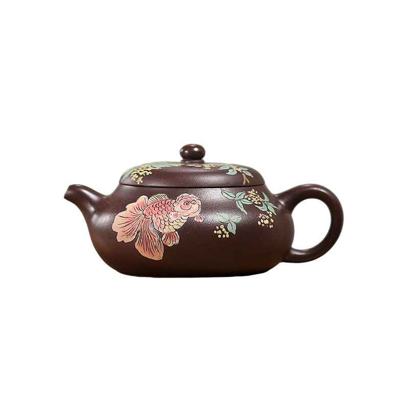 宜兴紫砂壶功夫茶具泡茶壶小容量手把壶全手工刻绘梅花泥绘金鱼壶