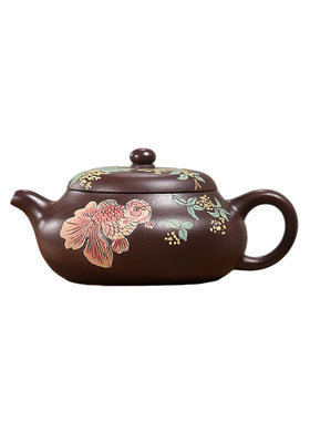 宜兴紫砂壶功夫茶具泡茶壶小容量手把壶全手工刻绘梅花泥绘金鱼壶
