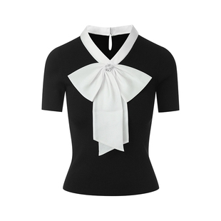 朗姿/LIME莱茵黑白撞色欧根纱蝴蝶结针织衫短袖通勤2026夏季新款