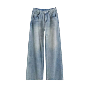 专柜美式阔腿牛仔裤女春季新款高腰猫咪纹百搭显瘦垂感直筒牛仔裤