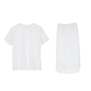 秘密盒子柔美雪境 珠片绣花精致假两件短袖层次感开衩半身裙套装