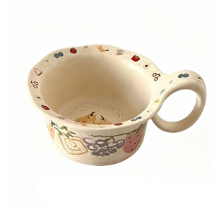 复古手绘水果陶瓷大耳杯早餐杯家用大容量燕麦杯甜品酸奶碗带把手