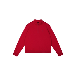 Oneup男女款红色半拉链立领宽松卫衣秋冬休闲运动百搭套头衫上衣